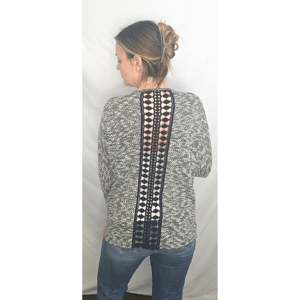 Lace Back Boho Cardigan Open Front Knit Black White Crochet Med‎